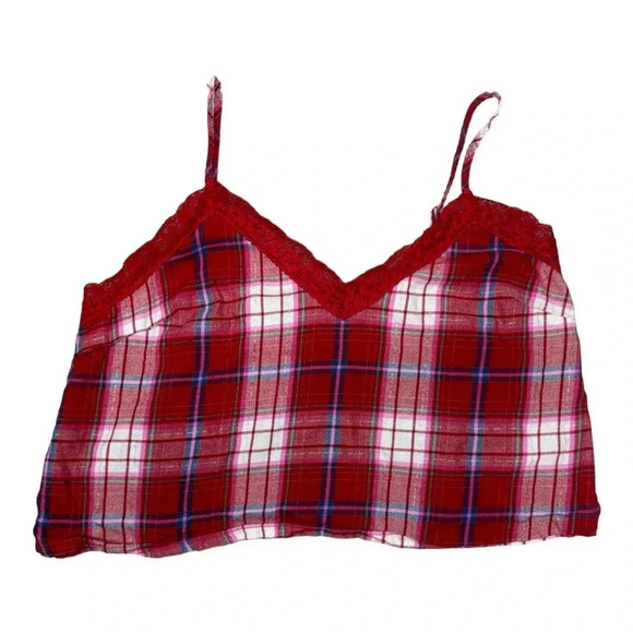 Colsie Plaid Pajama Cropped Tank‎ Top Lace Trim Size Medium - Picture 1 of 5